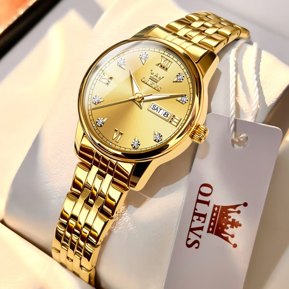 OLEVS Couple Watches Diamond Dial Day Date Quartz Watch 5525 Steel Band for His and Hers