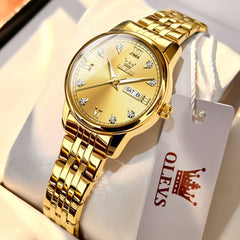 OLEVS Couple Watches Diamond Dial Day Date Quartz Watch 5525 Steel Band for His and Hers