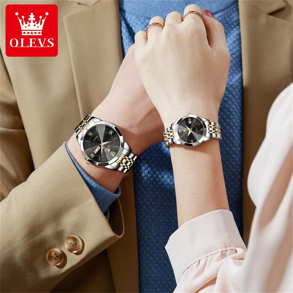 OLEVS 9989 Diamond Cut Glass Couple Dress Watch for Men and Women