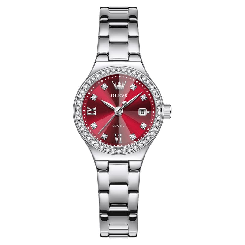 OLEVS Women Diamond Bezel Watch Petite Pastel Sunray Silver Stainless Steel Date Quartz 5628