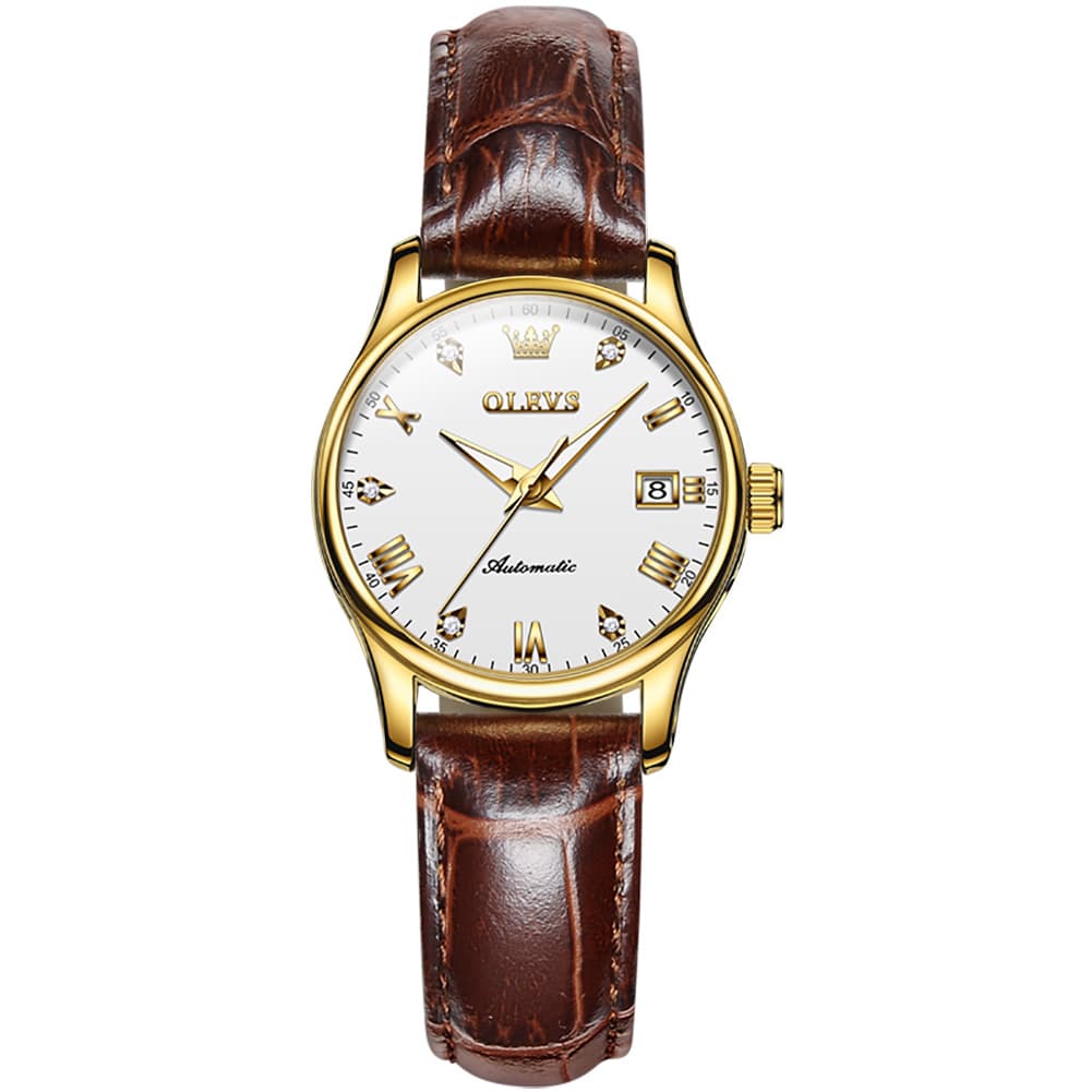 OLEVS Couple Watches Diamond Dial Automatic Mechanical Watch 9932 Leather Strap for His and Hers