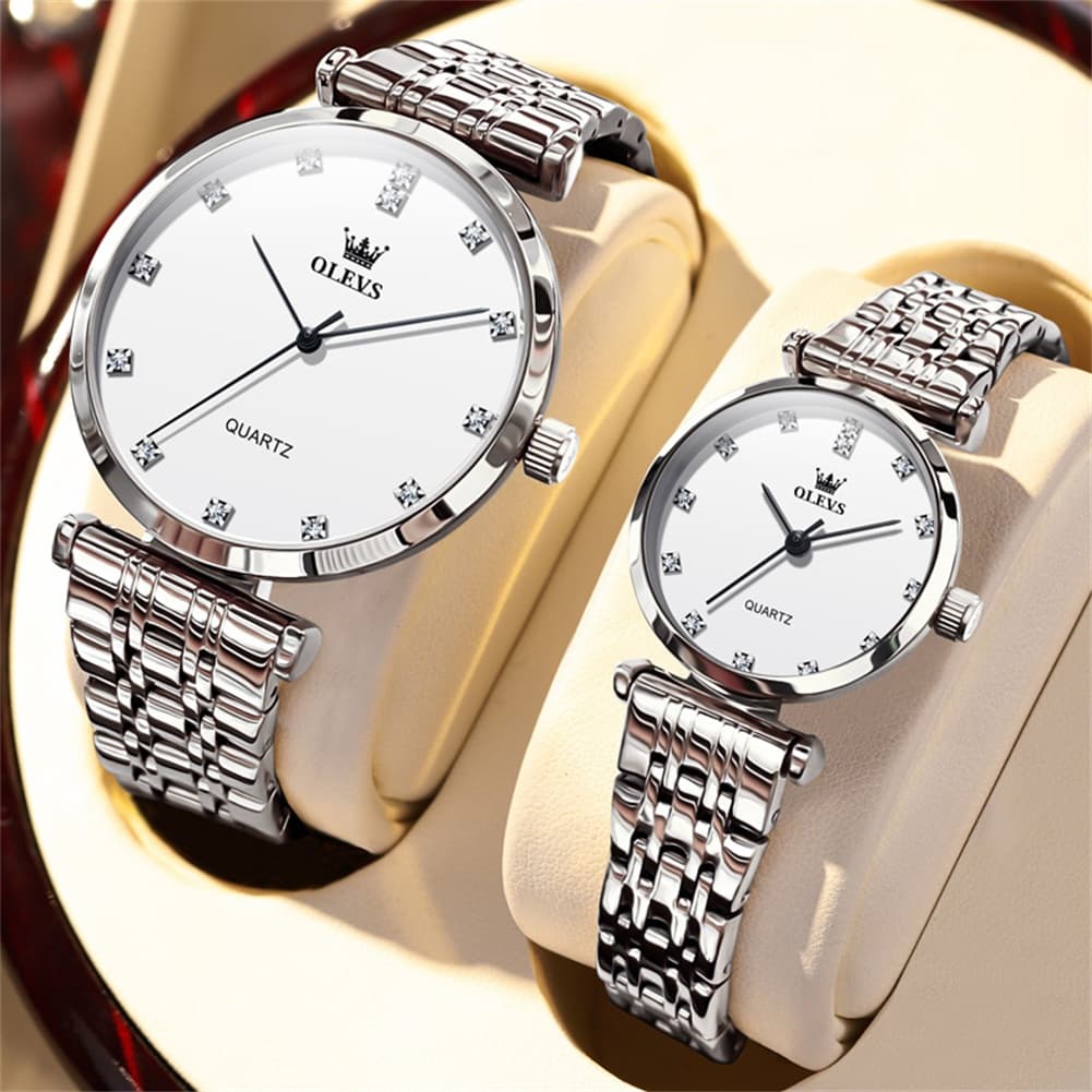 OLEVS Couple Watch Faceted Crystal Diamond Marker Stainless Steel Quartz 5596