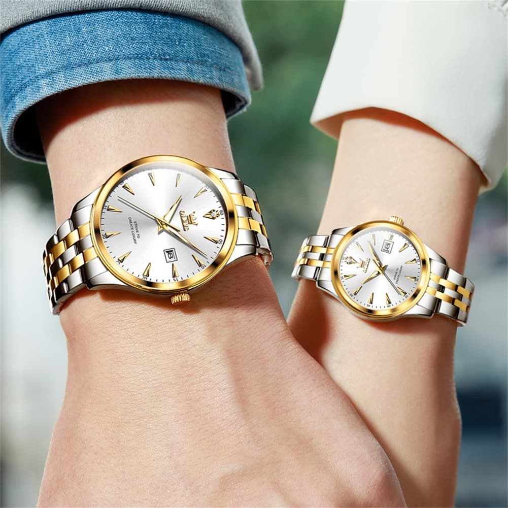 OLEVS Couple Watch Faceted Crystal Two Tone Stainless Steel Date Quartz 5598