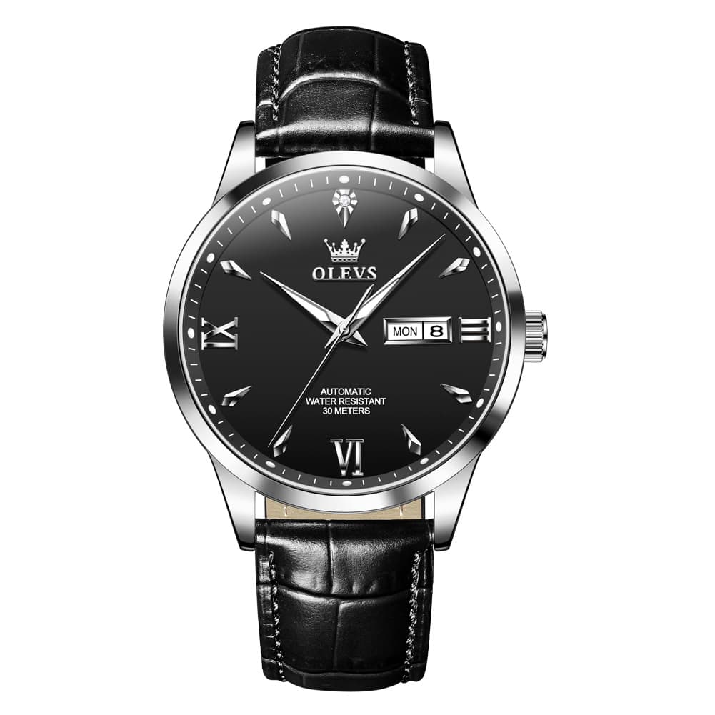 OLEVS Diamond Dial Day Date Automatic Mechanical Watch 9956 Leather Strap for Men