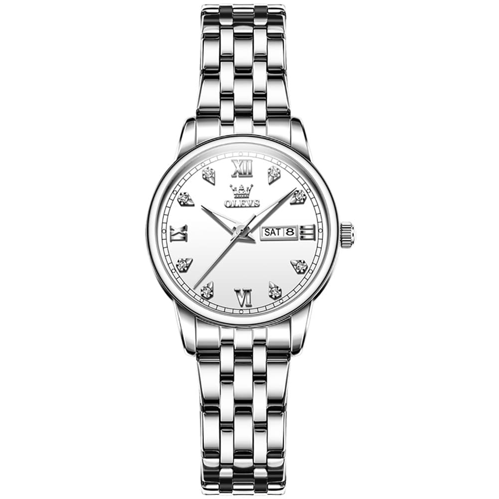 OLEVS Couple Watches Diamond Dial Day Date Quartz Watch 5525 Steel Band for His and Hers