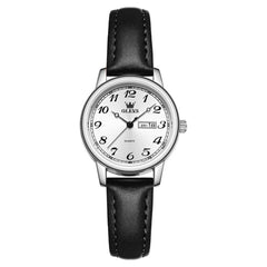OLEVS 5662 Petite Vintage Quartz Watch Day Date Leather Strap Elegant Dress Timepiece for Women