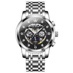 OLEVS 6721 Openwork Skeleton Diamond Dial Moon Phase Calendar Mechanical Watch For Men