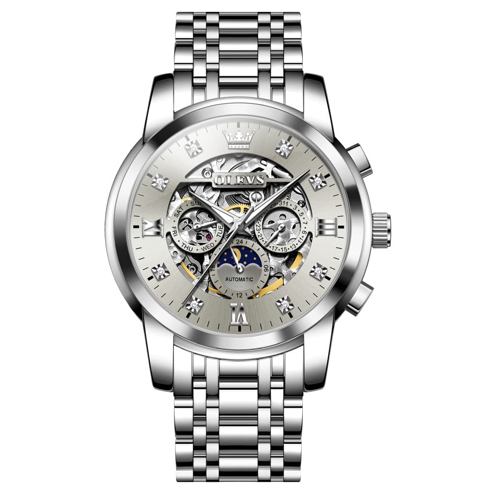 OLEVS 6721 Openwork Skeleton Diamond Dial Moon Phase Calendar Mechanical Watch For Men