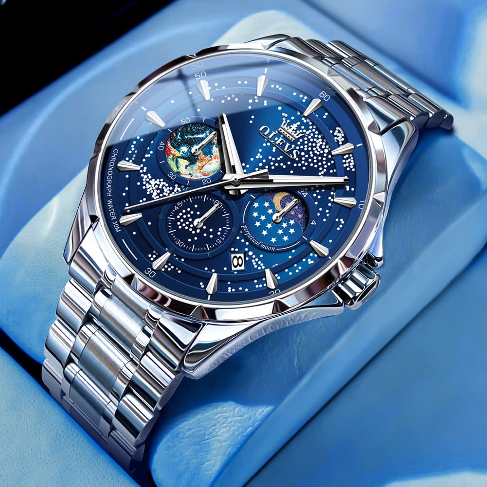OLEVS Starry Sky Moon Phase Watch for Men Stainless Steel 5538