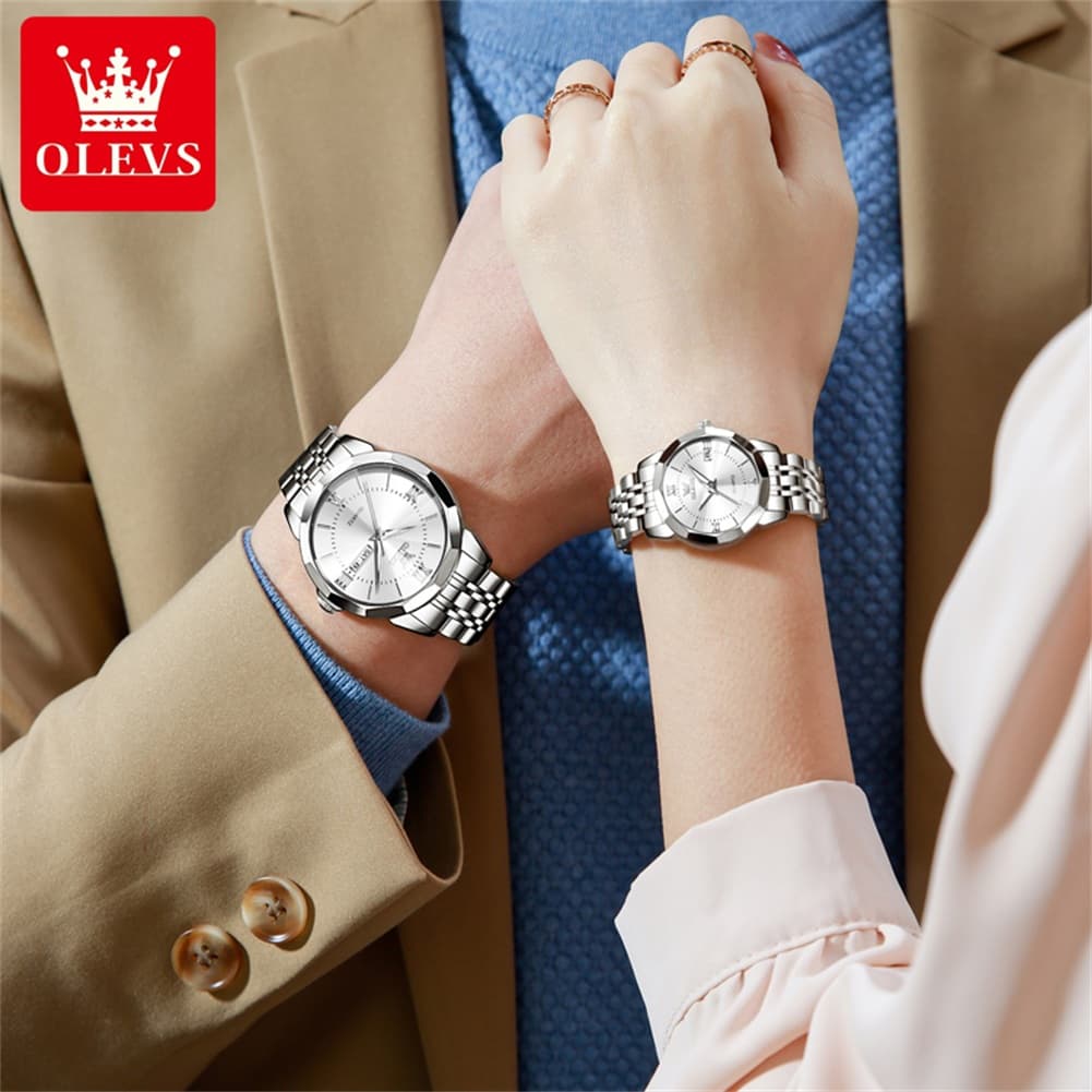 OLEVS 9989 Diamond Cut Glass Couple Dress Watch for Men and Women