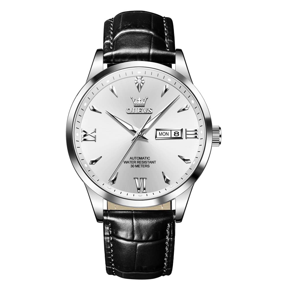 OLEVS Diamond Dial Day Date Automatic Mechanical Watch 9956 Leather Strap for Men