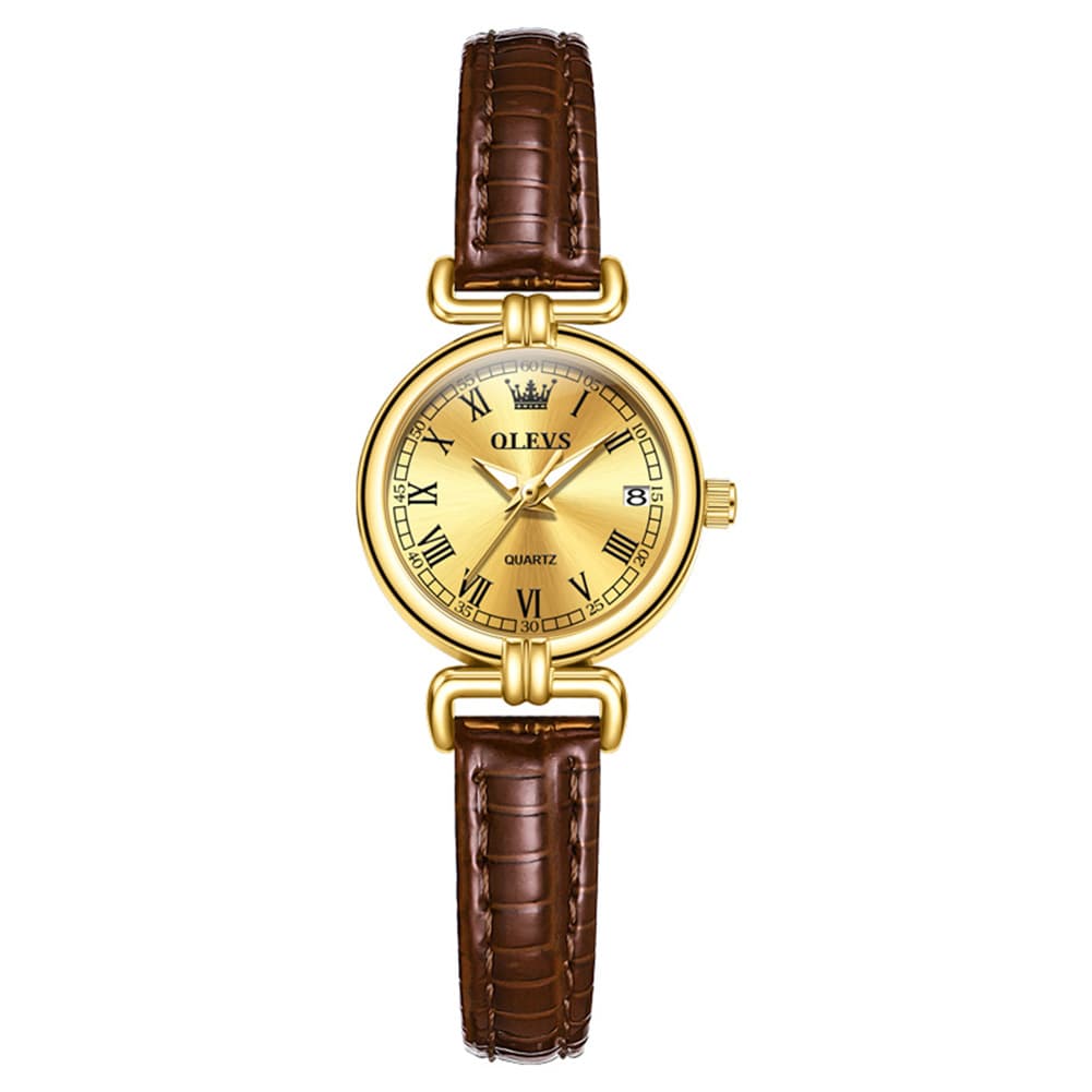 OLEVS Women Vintage Dress Watch Petite 24mm Leather Strap Date Quartz 5645