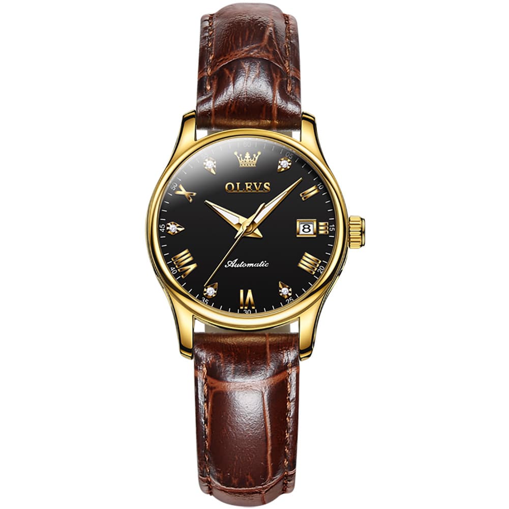 OLEVS Couple Watches Diamond Dial Automatic Mechanical Watch 9932 Leather Strap for His and Hers
