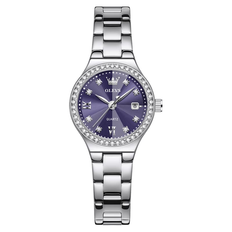 OLEVS Women Diamond Bezel Watch Petite Pastel Sunray Silver Stainless Steel Date Quartz 5628
