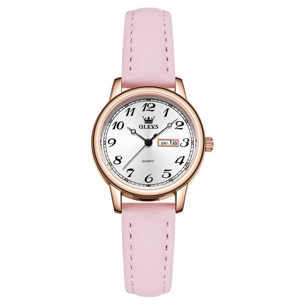 OLEVS 5662 Petite Vintage Quartz Watch Day Date Leather Strap Elegant Dress Timepiece for Women