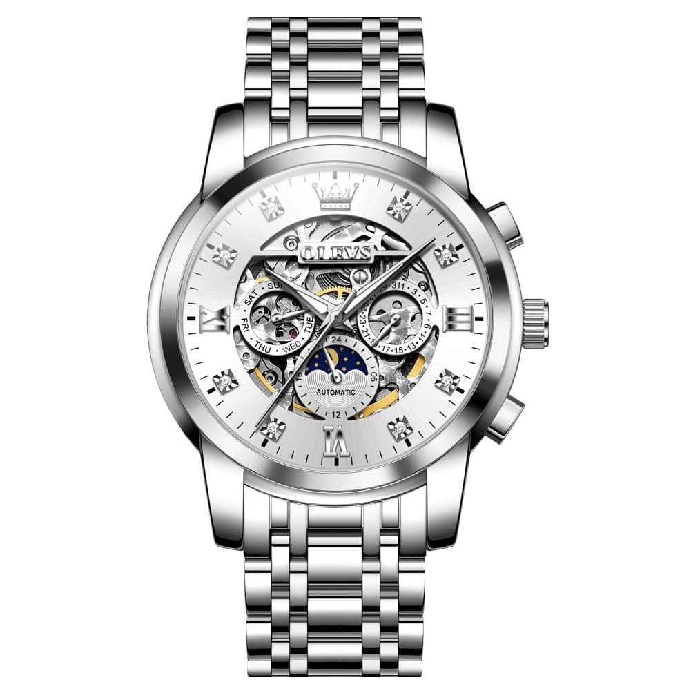 OLEVS 6721 Openwork Skeleton Diamond Dial Moon Phase Calendar Mechanical Watch For Men