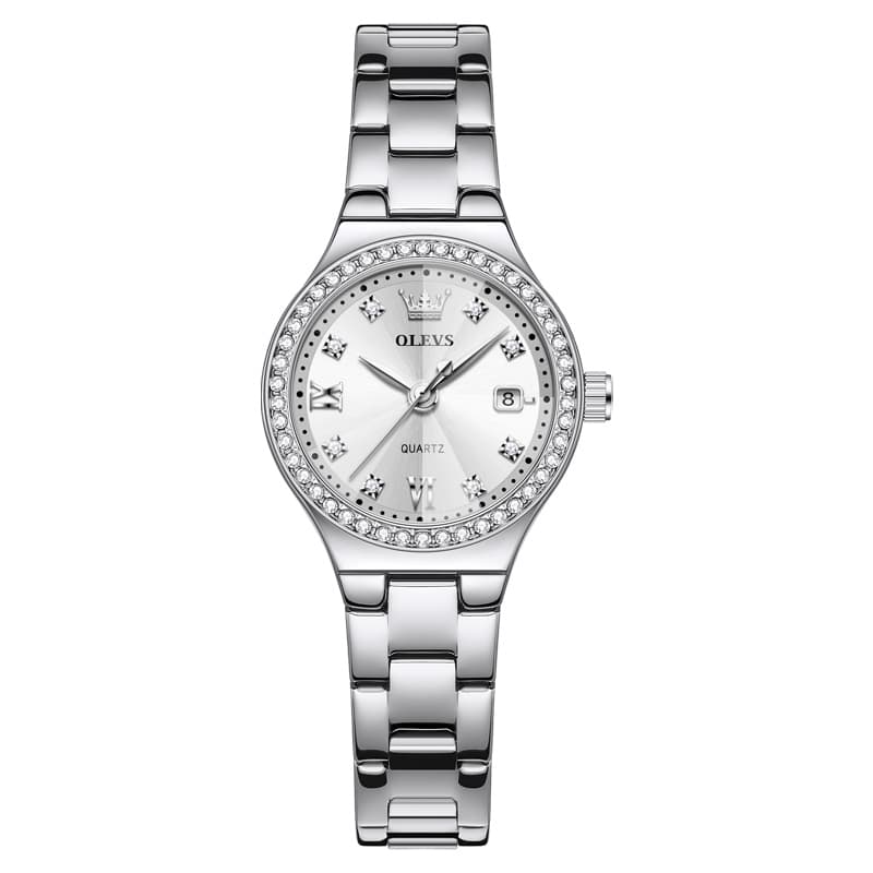 OLEVS Women Diamond Bezel Watch Petite Pastel Sunray Silver Stainless Steel Date Quartz 5628