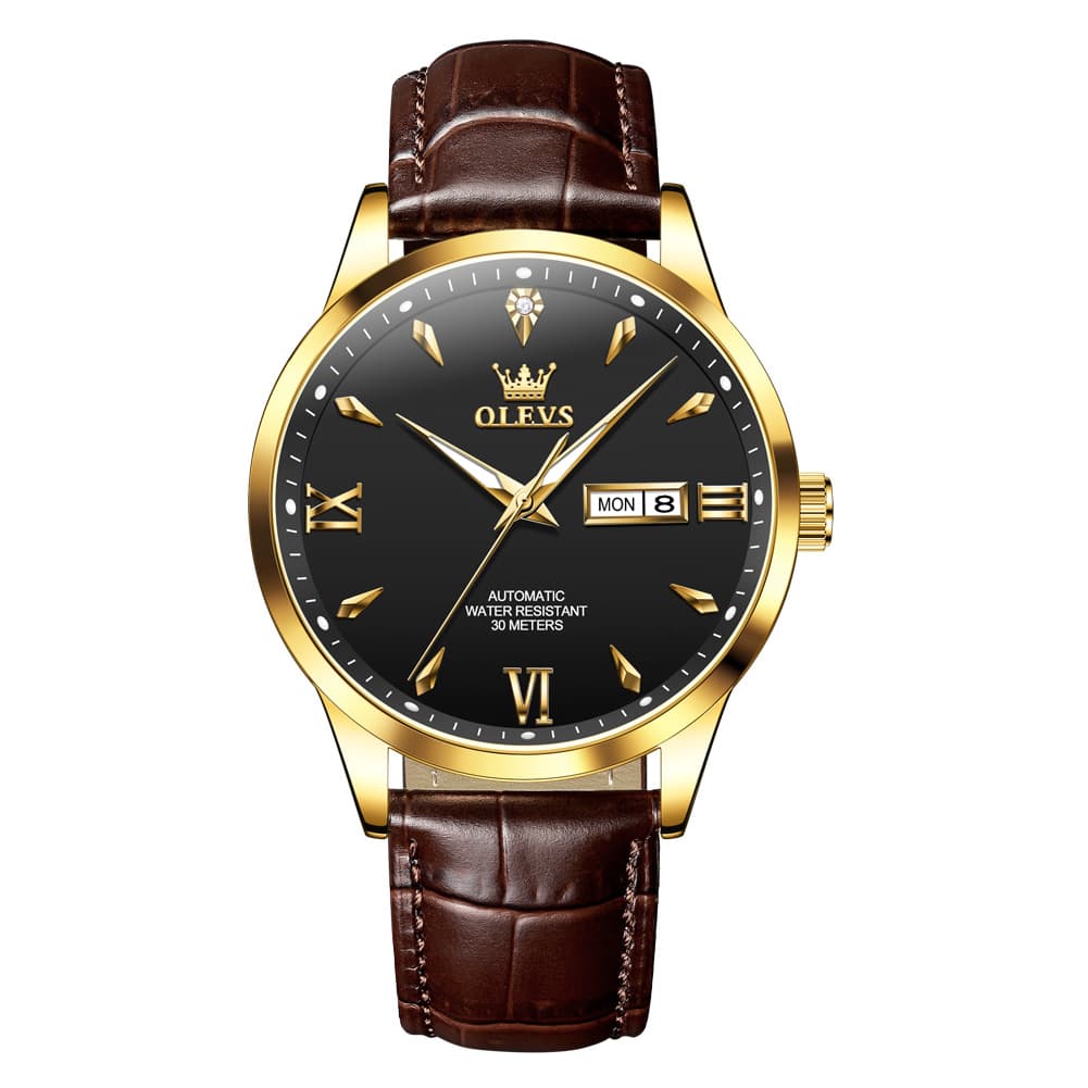 OLEVS Diamond Dial Day Date Automatic Mechanical Watch 9956 Leather Strap for Men