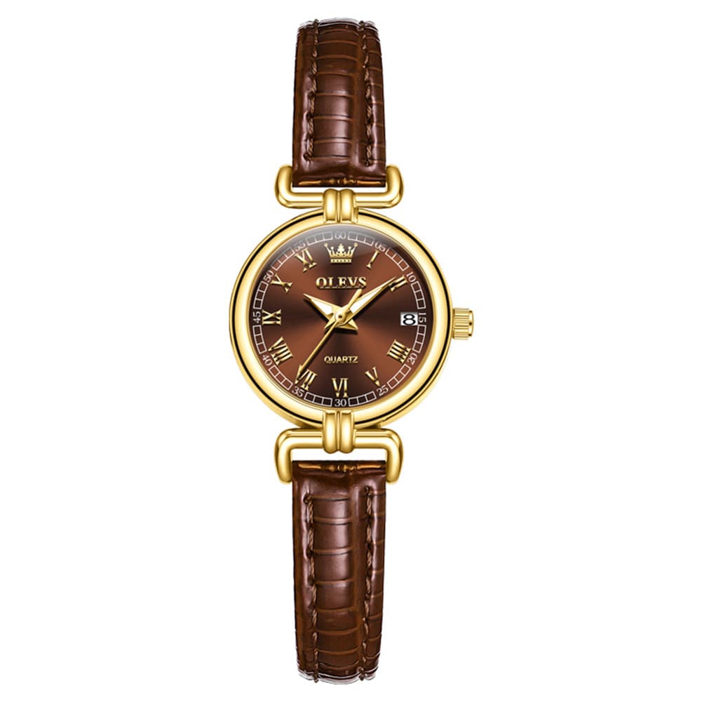 OLEVS Women Vintage Dress Watch Petite 24mm Leather Strap Date Quartz 5645