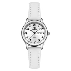 OLEVS 5662 Petite Vintage Quartz Watch Day Date Leather Strap Elegant Dress Timepiece for Women