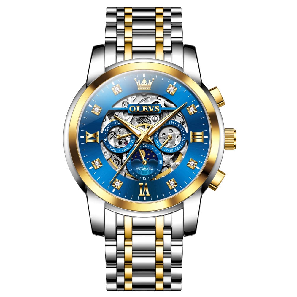 OLEVS 6721 Openwork Skeleton Diamond Dial Moon Phase Calendar Mechanical Watch For Men