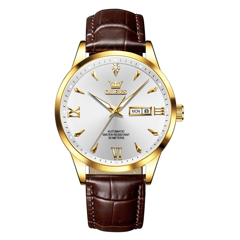OLEVS Diamond Dial Day Date Automatic Mechanical Watch 9956 Leather Strap for Men