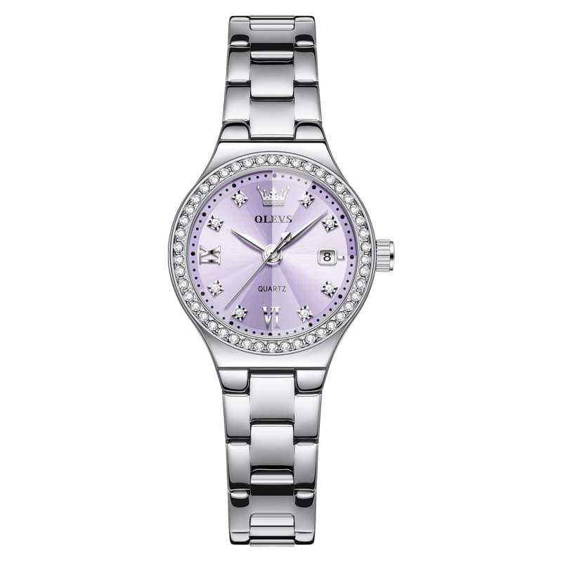 OLEVS Women Diamond Bezel Watch Petite Pastel Sunray Silver Stainless Steel Date Quartz 5628