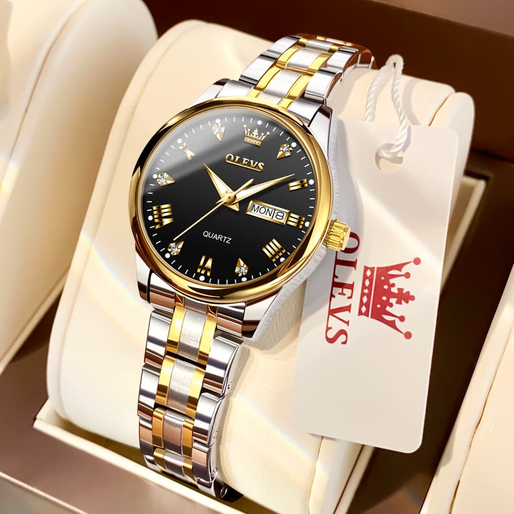 OLEVS Women Diamond Dress Watch Two Tone Stainless Steel Quartz Day Date 5563