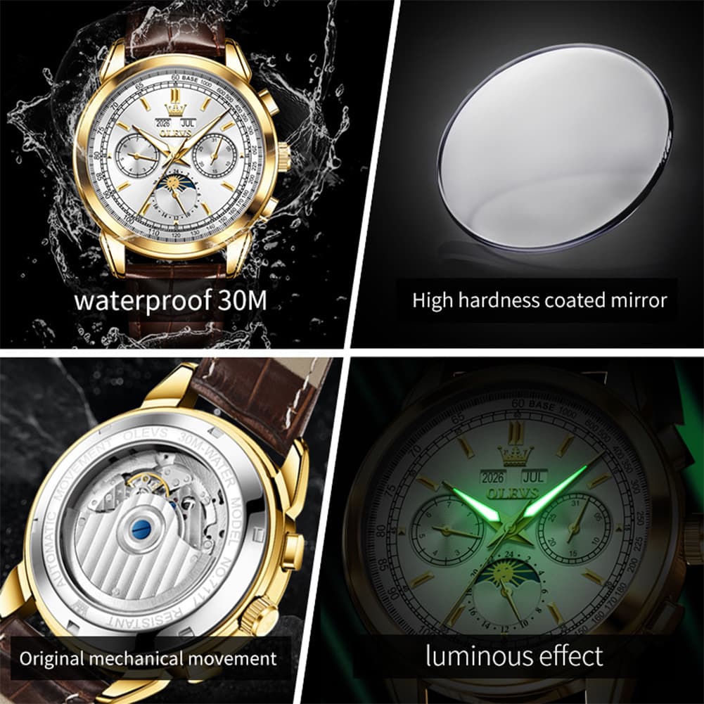 OLEVS Leather Strap Moon Phase Automatic Mechanical Watch for Men 7117
