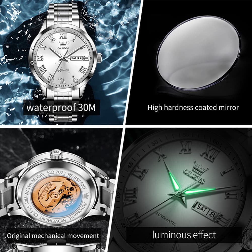 OLEVS 7075 Roman Numeral Dual Calendar Automatic Watch For Men