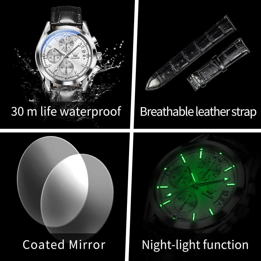 OLEVS 2987 Ultra-Light Leather Chronograph Quartz Watch for Men