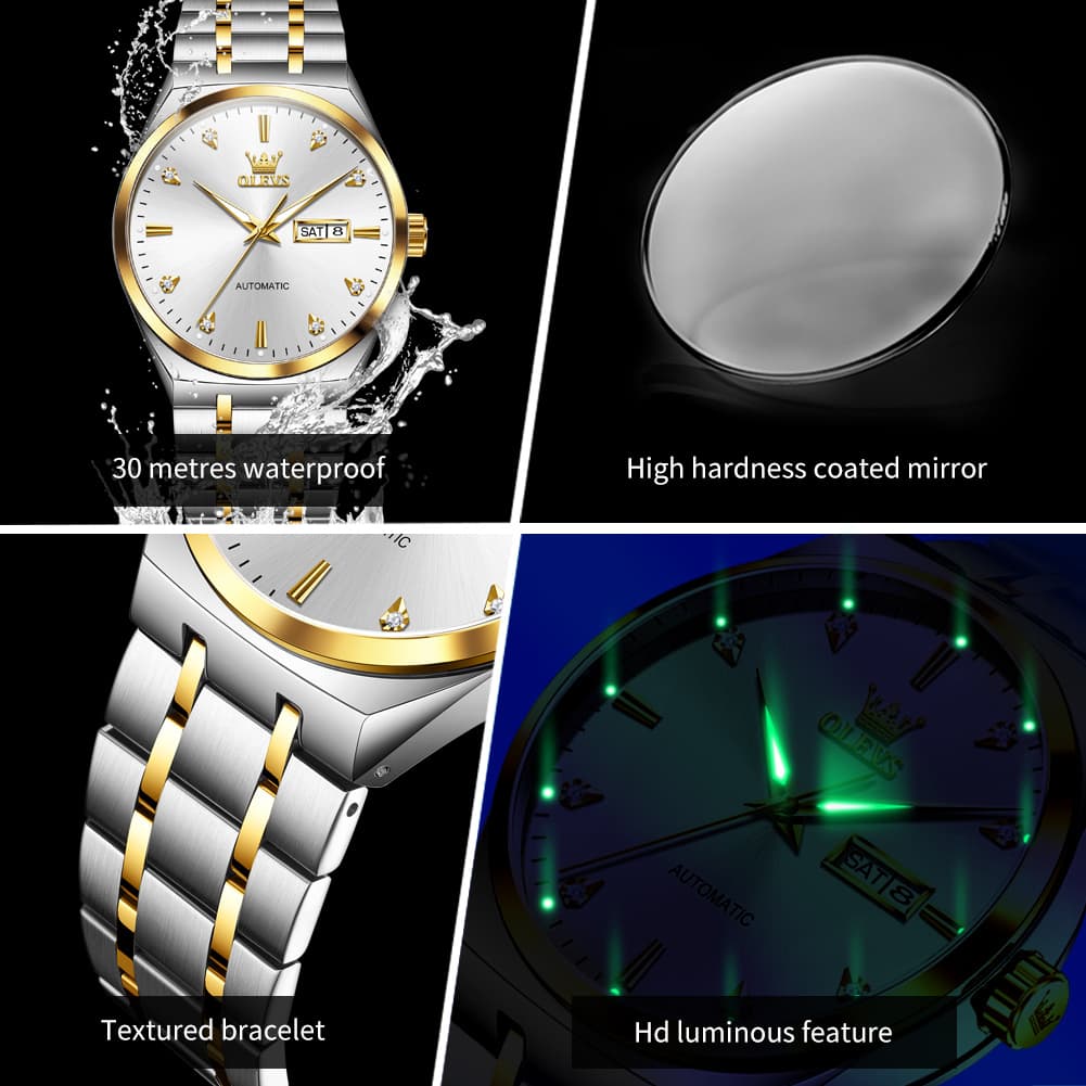 OLEVS Integrated Bracelet Diamond Dial Automatic Watch 9811 Day Date for Men