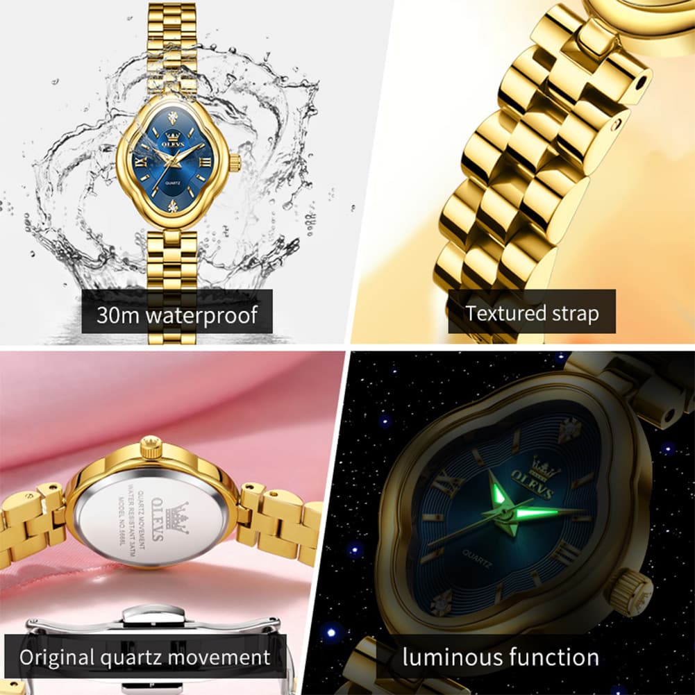 OLEVS 5666 Petal Case Vintage Dress Watch Gold Bracelet Quartz Jewelry Timepiece for Women