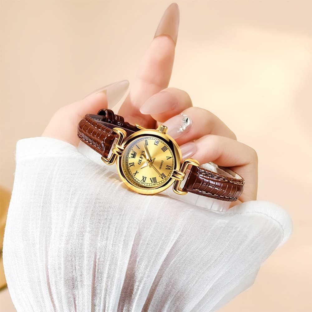 OLEVS Women Vintage Dress Watch Petite 24mm Leather Strap Date Quartz 5645