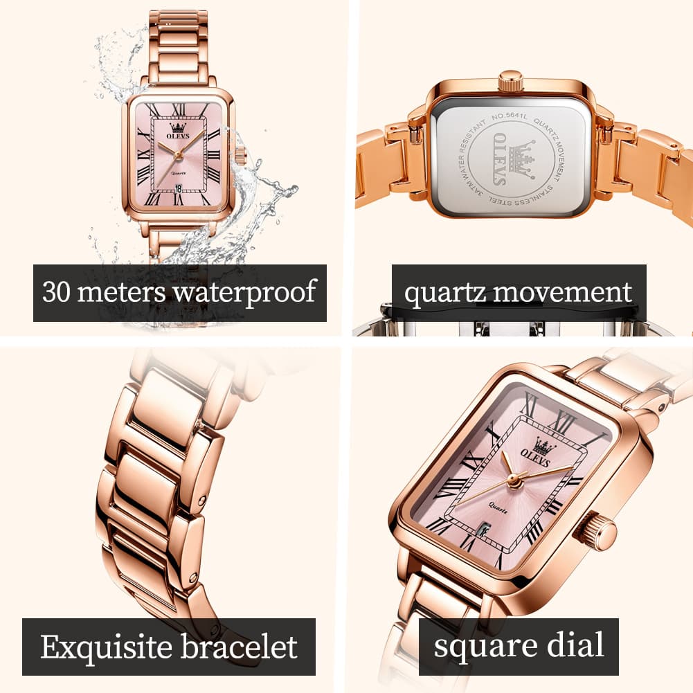 OLEVS Women Rectangular Dress Watch Retro Tank Stainless Steel Date Quartz 5641