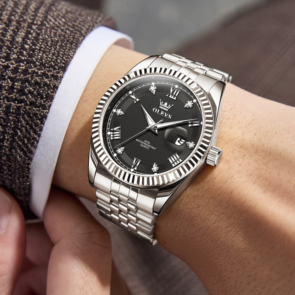 OLEVS 5680 Fluted Bezel Roman Diamond Dial Watch Stainless Steel Jubilee Bracelet Quartz Timepiece for Men
