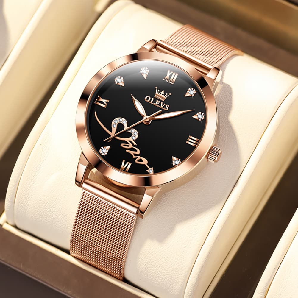 OLEVS Romantic Heart Crystal Dress Watch for Women Rose Gold Milanese Mesh 5530