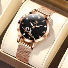 OLEVS Romantic Heart Crystal Dress Watch for Women Rose Gold Milanese Mesh 5530