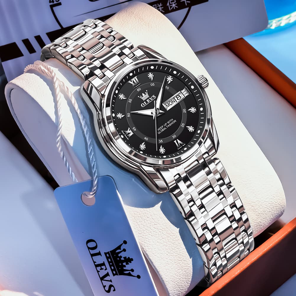 OLEVS Diamond Dial Day Date Quartz Watch 5513 Steel Band for Women