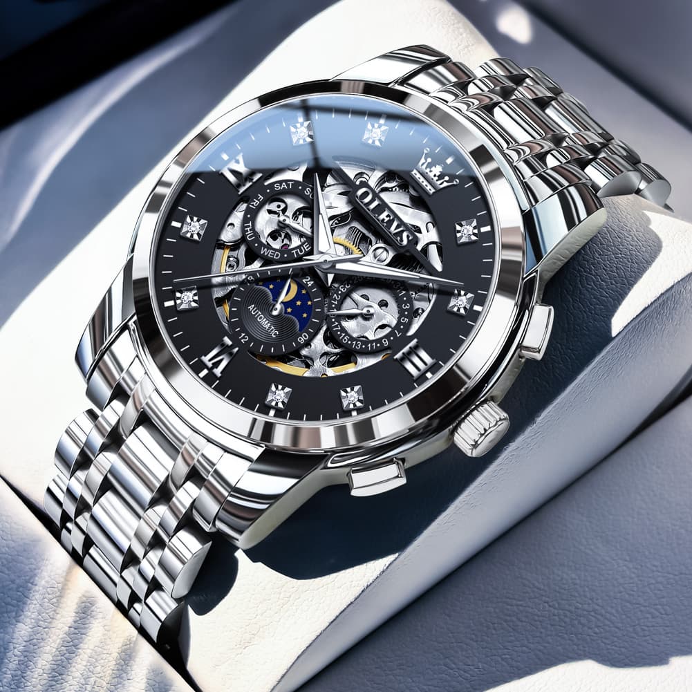 OLEVS 6721 Openwork Skeleton Diamond Dial Moon Phase Calendar Mechanical Watch For Men