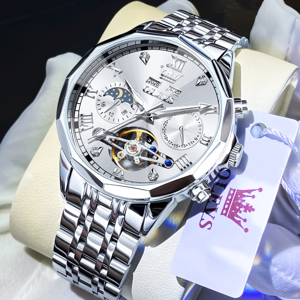 OLEVS 6620 Skeleton Moon Phase Mechanical Watch for Men