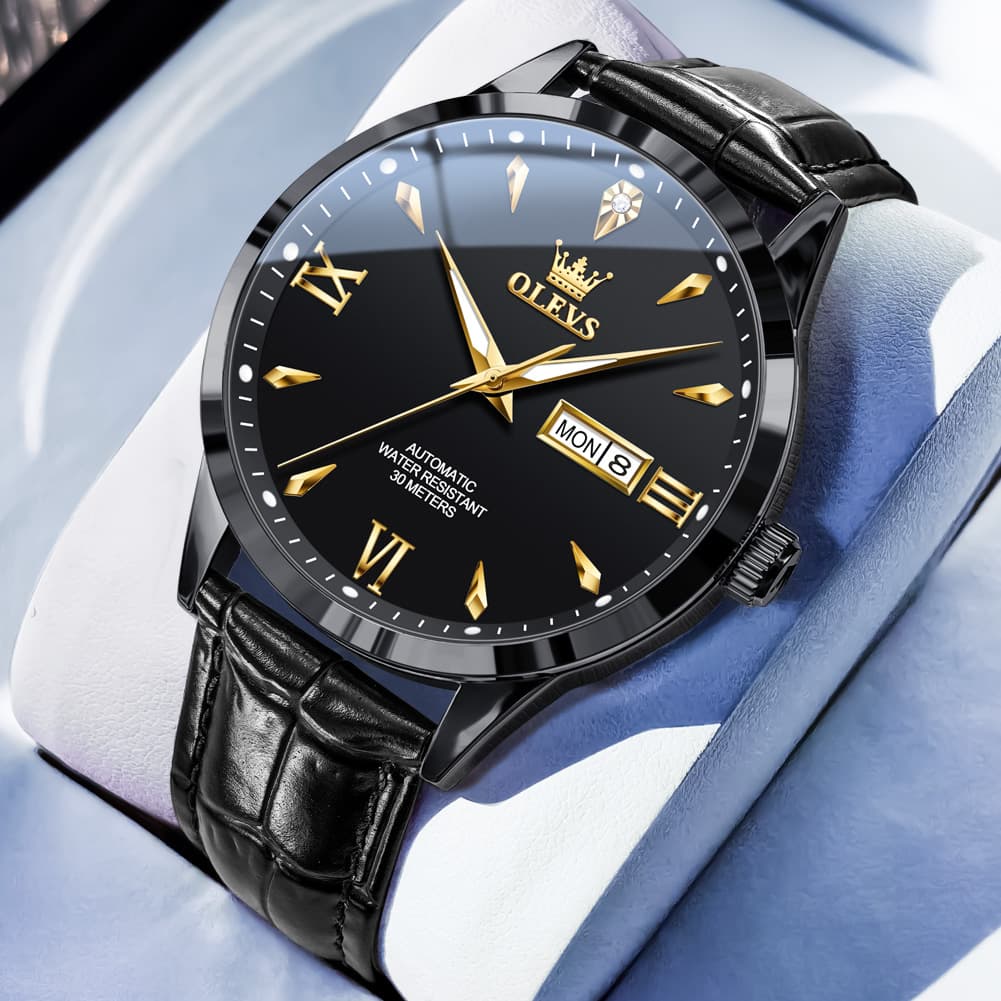 OLEVS Diamond Dial Day Date Automatic Mechanical Watch 9956 Leather Strap for Men