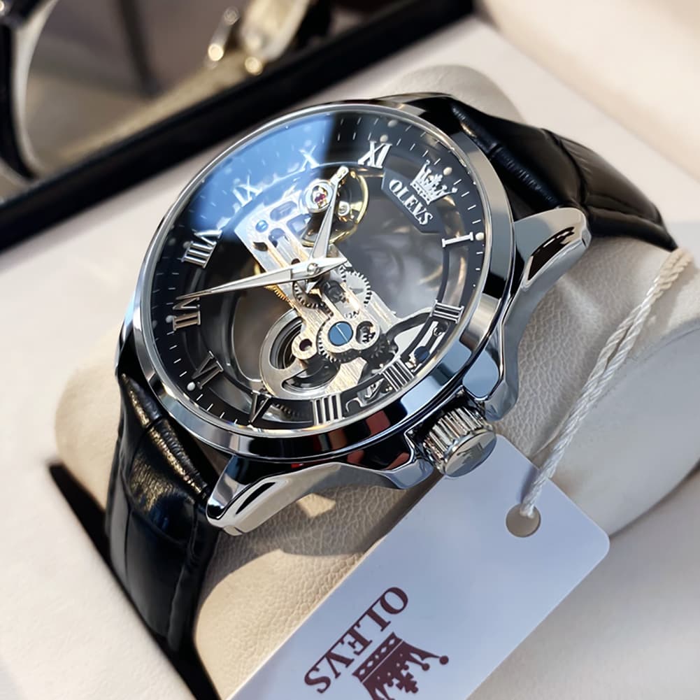 OLEVS 6661 Leather Skeleton Mechanical Watch for Men