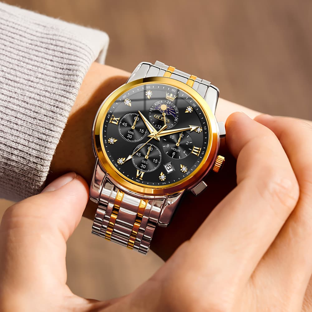 OLEVS 3655 Chronograph Moon Phase Roman Diamond Dial Stainless Steel Watch For Men