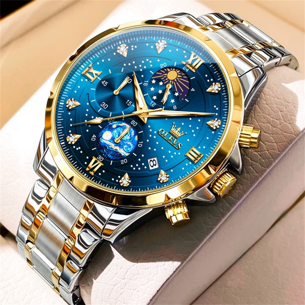 OLEVS 9807 Starry Moon Phase Chronograph Quartz Watch for Men