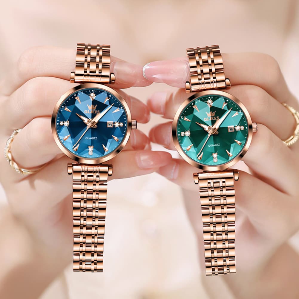 OLEVS Diamond Cut Crystal Dress Watch for Women Stainless Steel 5536