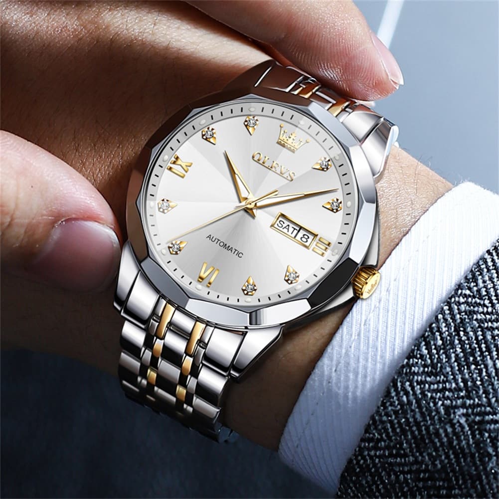 OLEVS 3D Diamond Cut Mirror Automatic Mechanical Watch 9982 Day Date for Men