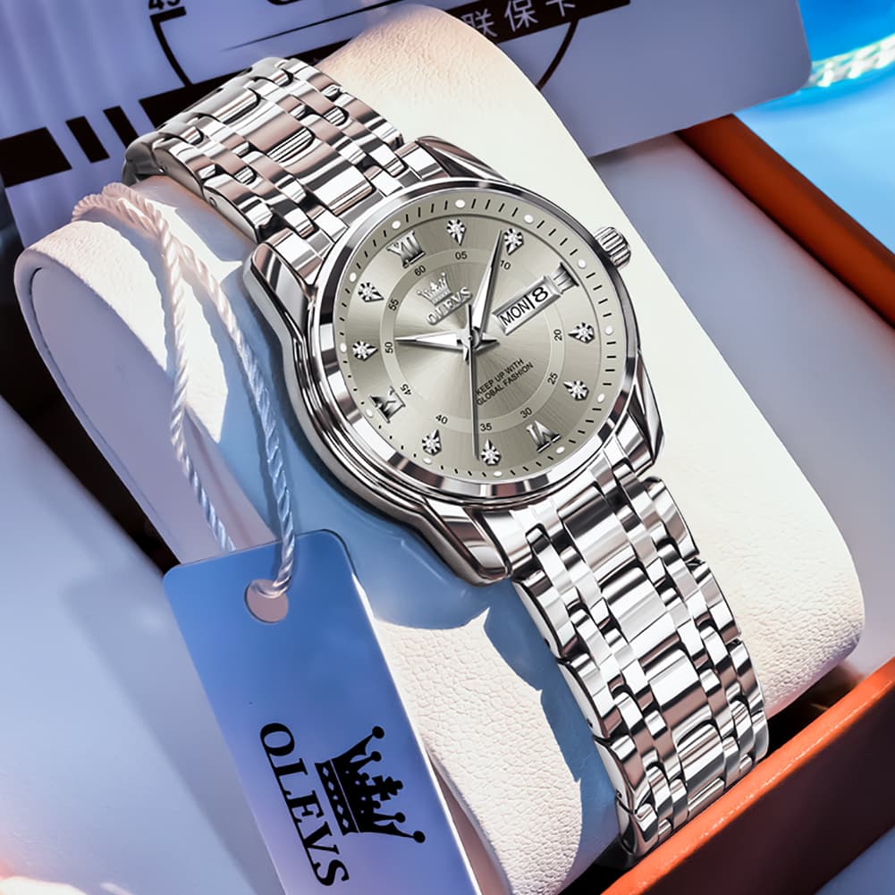 OLEVS Diamond Dial Day Date Quartz Watch 5513 Steel Band for Women