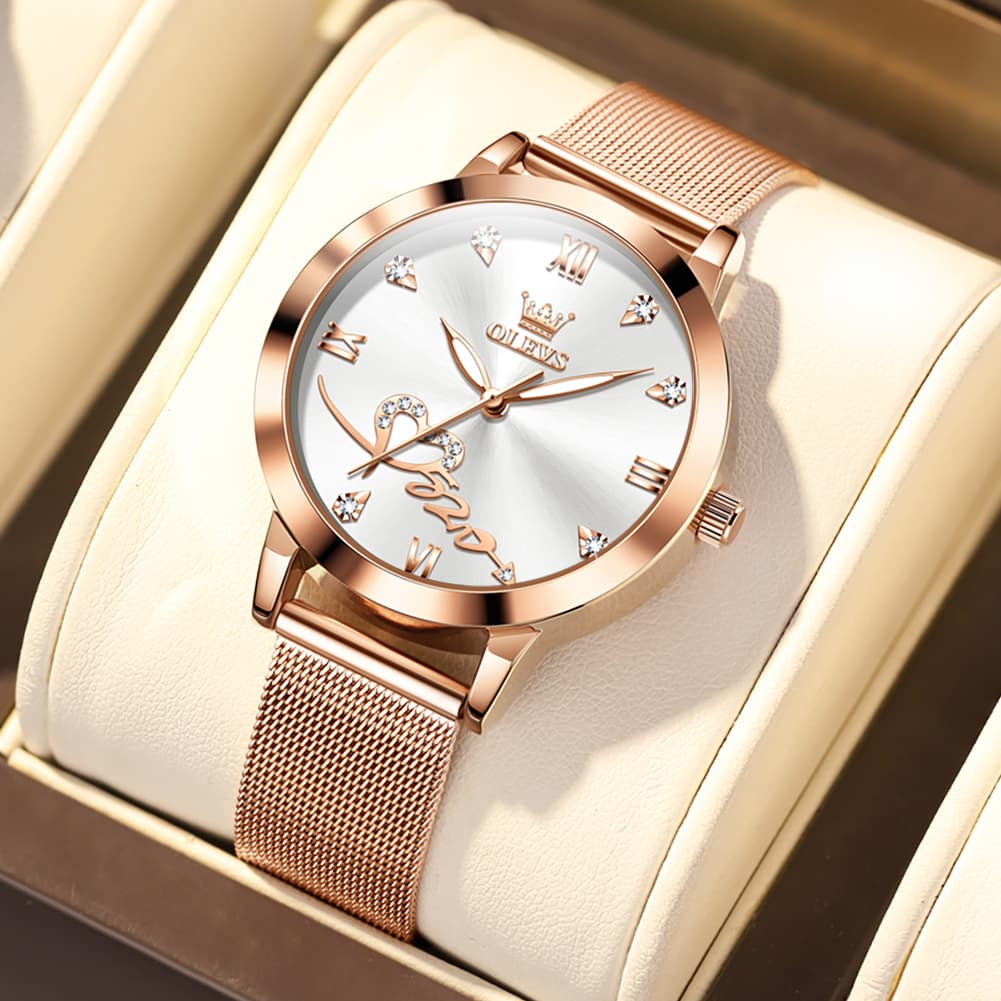 OLEVS Romantic Heart Crystal Dress Watch for Women Rose Gold Milanese Mesh 5530