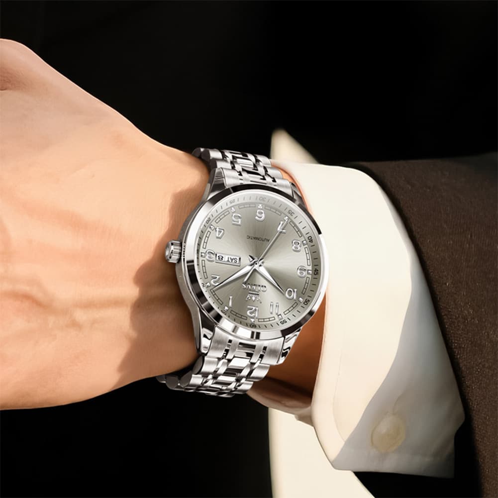 OLEVS 7077 Arabic Numeral Dual Calendar Automatic Watch For Men